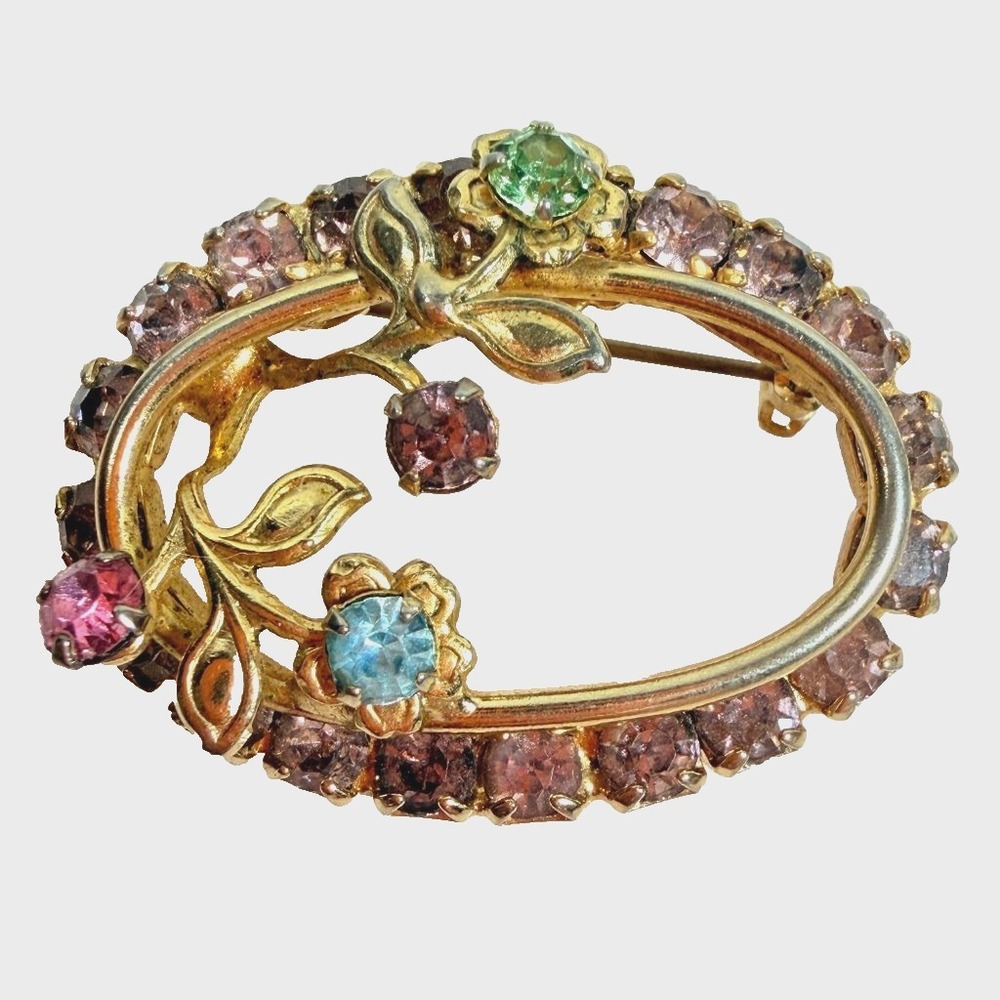 Vintage Rhinestone Brooch Gold Tone Oval Lavender Pink Blue Green 1.75in